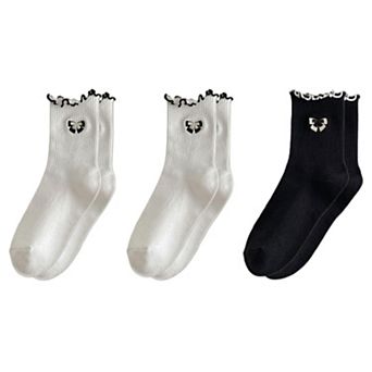 3-Pair Women's Soft Ribbed Ankle Socks with Lettuce Edge Trim and Bow Accent Set US(5-10)