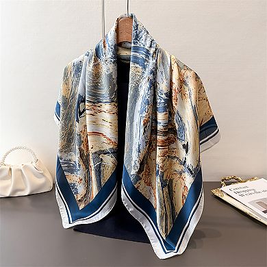 Womens Satin Square Scarf with Abstract Marble Print