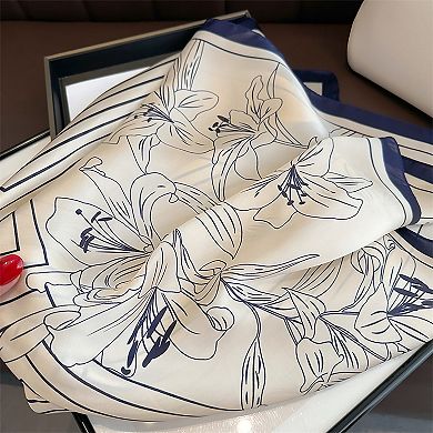 Womens Satin Square Scarf with Modern Floral Line Art