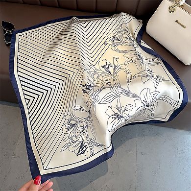 Womens Satin Square Scarf with Modern Floral Line Art
