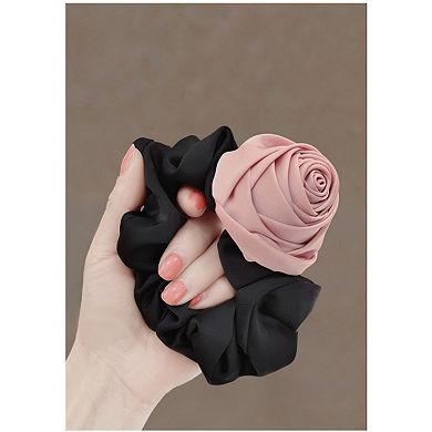 3-Piece Scrunchie Set with Fabric Rose Accent and Gathered Elastic Hair Ties 3.5in (Rose 2.5in)