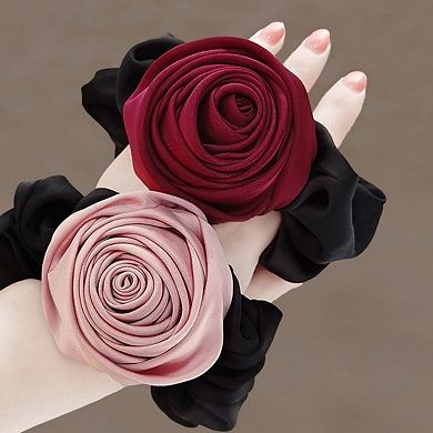 3-Piece Scrunchie Set with Fabric Rose Accent and Gathered Elastic Hair Ties 3.5in (Rose 2.5in)