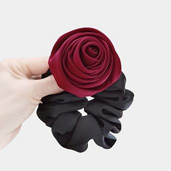 3 pc Scrunchie Set with Fabric Rose Accent and Gathered Elastic Hair Ties 3.5 in (Rose 2.5in)