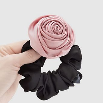 3 pc Scrunchie Set with Fabric Rose Accent and Gathered Elastic Hair Ties 3.5 in (Rose 2.5in)