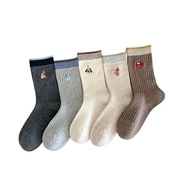Women's 5-Pair Ribbed Knit Crew Socks with Embroidered Holiday Motifs Cozy Giftable Winter Socks