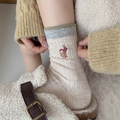 Women's 5-Pair Ribbed Knit Crew Socks with Embroidered Holiday Motifs Cozy Giftable Winter Socks
