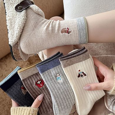 Women's 5-Pair Ribbed Knit Crew Socks with Embroidered Holiday Motifs Cozy Giftable Winter Socks
