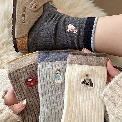 Women's 5-Pair Ribbed Knit Crew Socks with Embroidered Holiday Motifs Cozy Giftable Winter Socks