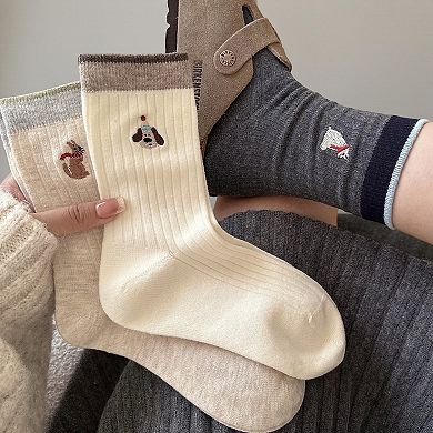 Women's 5-Pair Ribbed Knit Crew Socks with Embroidered Holiday Motifs Cozy Giftable Winter Socks