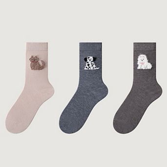3 pc Set Crew Socks with Embroidered Dog Designs Soft Stretch Knit Fabric