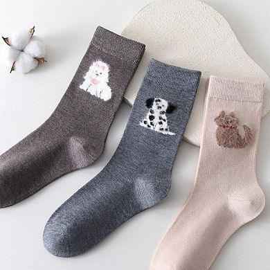 3-Piece Set Crew Socks with Embroidered Dog Designs Soft Stretch Knit Fabric