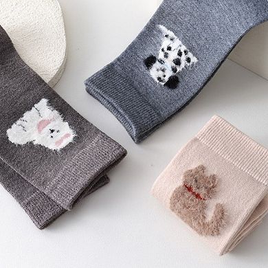 3-Piece Set Crew Socks with Embroidered Dog Designs Soft Stretch Knit Fabric