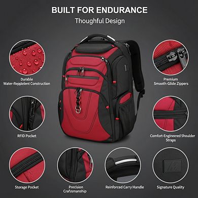 AKSZRI RFID & USB Travel Backpack for 17.3" Laptops, Water-Repellent Daypack for College & Business,