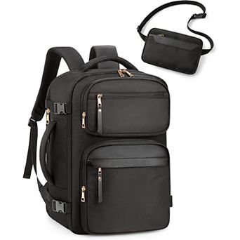 AKSZRI Women's Flight-Approved Travel Backpack with Waist Bag, Fits 17.3" Laptop - Black