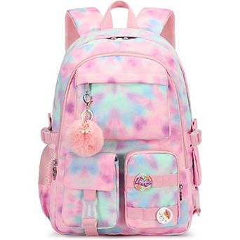 AKSZRI 15.6" Anti-Theft School Backpack for Teens & Students - Tie-Dye Pink Casual Daypack