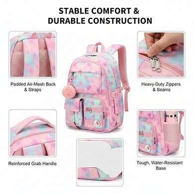 AKSZRI 15.6" Anti-Theft School Backpack for Teens & Students - Tie-Dye Pink Casual Daypack