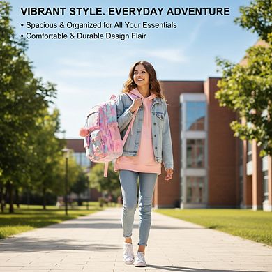 AKSZRI 15.6" Anti-Theft School Backpack for Teens & Students - Tie-Dye Pink Casual Daypack