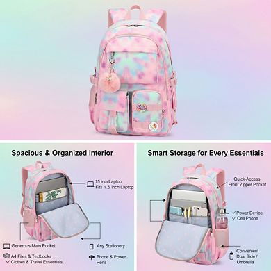 AKSZRI 15.6" Anti-Theft School Backpack for Teens & Students - Tie-Dye Pink Casual Daypack