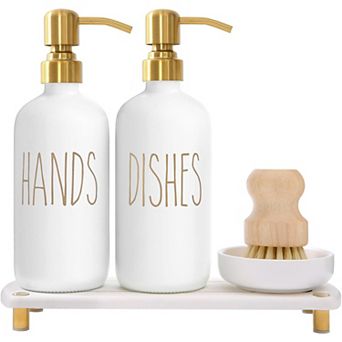 Great Ambitions Soap Dispenser Set Comes with Stainless Steel Pumps, Dry Tray,and Dish Scrub Brush