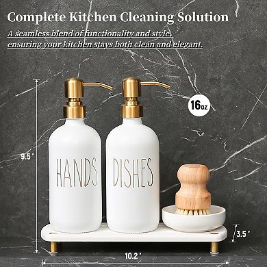 Great Ambitions Soap Dispenser Set Comes with Stainless Steel Pumps, Dry Tray,and Dish Scrub Brush