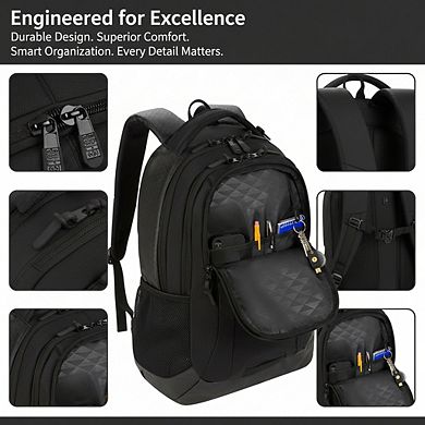 AKSZRI 16" Laptop Backpack in Black Hex - Gear Attachments, Multiple Pockets & Padded Straps