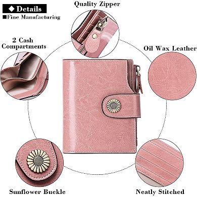 AKSZRI Small Leather Bifold Wallet for Women - RFID Blocking & Compact