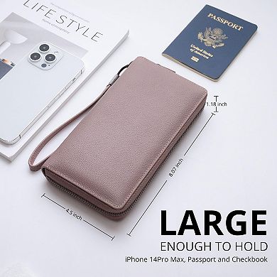 AKSZRI Women's RFID Leather Wallet - Zip Around Phone Clutch with Wristlet, Large Capacity