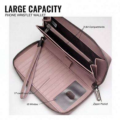 AKSZRI Women's RFID Leather Wallet - Zip Around Phone Clutch with Wristlet, Large Capacity