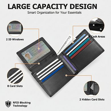 AKSZRI Genuine Leather Men's Wallet - RFID Bifold with 2 ID Windows