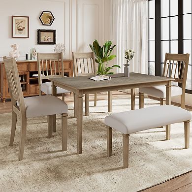Merax 6-Piece Retro Dining Room Set, Classic Kitchen Furniture Set, Wooden Rectangular Table