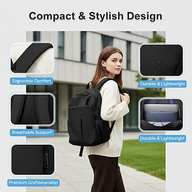 AKSZRI Simple Black School Backpack for Teens & College Students - Lightweight Daypack