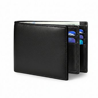 AKSZRI RFID Leather Wallet for Men - Bifold with ID Window & 11 Card Slots (Black)