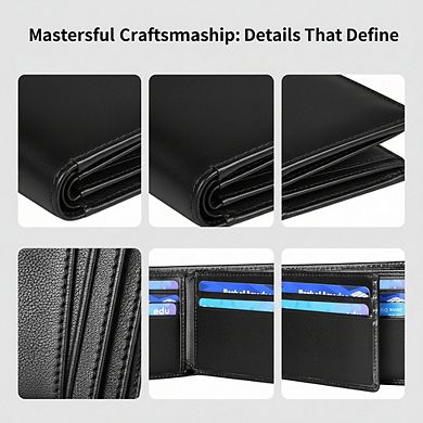 AKSZRI RFID Leather Wallet for Men - Bifold with ID Window & 11 Card Slots (Black)