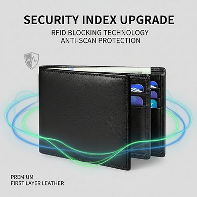 AKSZRI RFID Leather Wallet for Men - Bifold with ID Window & 11 Card Slots (Black)