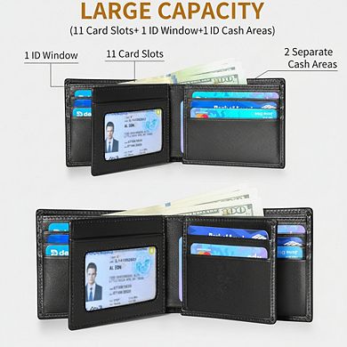 AKSZRI RFID Leather Wallet for Men - Bifold with ID Window & 11 Card Slots (Black)