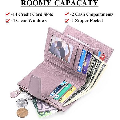 AKSZRI Small Leather Bifold Wallet for Women - RFID Blocking & Compact Purse