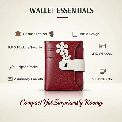 AKSZRI Small RFID Leather Wallet for Women - Bifold with Zipper Pocket & ID Window