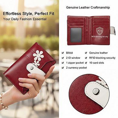 AKSZRI Small RFID Leather Wallet for Women - Bifold with Zipper Pocket & ID Window