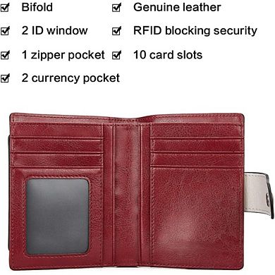 AKSZRI Small RFID Leather Wallet for Women - Bifold with Zipper Pocket & ID Window