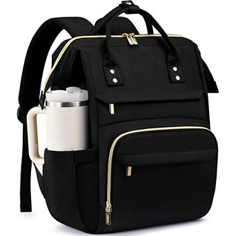 AKSZRI Women's 15.6" Waterproof Backpack with Giant Tumbler Pocket for Work, College & Travel, Blac