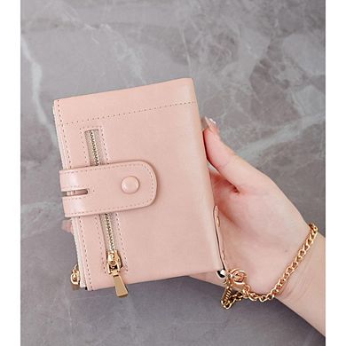 AKSZRI Small RFID Leather Wallet for Women - Bifold with Removable Wristlet & Zipper Pocket