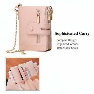 AKSZRI Small RFID Leather Wallet for Women - Bifold with Removable Wristlet & Zipper Pocket