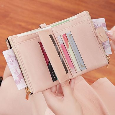 AKSZRI Small RFID Leather Wallet for Women - Bifold with Removable Wristlet & Zipper Pocket