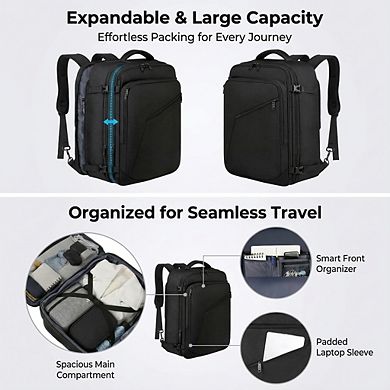 AKSZRI Expandable 40L Travel Backpack, Flight Approved & Water-Resistant Unisex Carry-On, Black