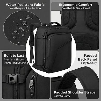 AKSZRI Expandable 40L Travel Backpack, Flight Approved & Water-Resistant Unisex Carry-On, Black