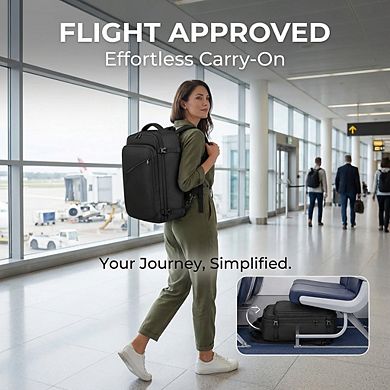 AKSZRI Expandable 40L Travel Backpack, Flight Approved & Water-Resistant Unisex Carry-On, Black