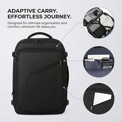 AKSZRI Expandable 40L Travel Backpack, Flight Approved & Water-Resistant Unisex Carry-On, Black