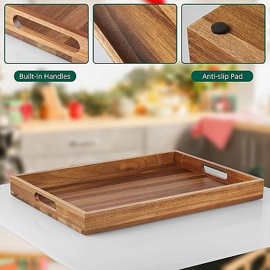 Great Ambitions Wood Serving Tray with Handles - Large Wooden Tray Decorative Rectangular Tray