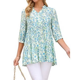 Women's 3/4 Sleeve Shirt Floral Print V Neck Tiered Ruffle Dressy Casual Beach Tunic Blouses