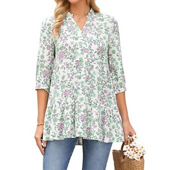 Women's 3/4 Sleeve Shirt Floral Print V Neck Tiered Ruffle Dressy Casual Beach Tunic Blouses